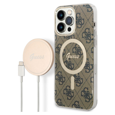 Guess 4G MagSafe kryt + Bezdrátová nabíječka pro iPhone 14 Pro Max hnědá