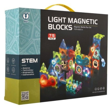 Kuličková dráha magnetická plast 75ks 8 kuliček + doplňky na baterie se světlem v krabici 31x25x Teddies