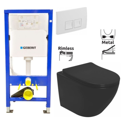 GEBERIT DuofixBasic s bílým tlačítkem DELTA50 + WC REA CARLO MINI RIMLESS ČIERNY MAT + SEDADLO 4