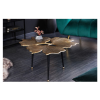 Estila Art-deco kovový konferenční stolek Ginko ve zlaté barvě se třemi černými nožičkami 75cm