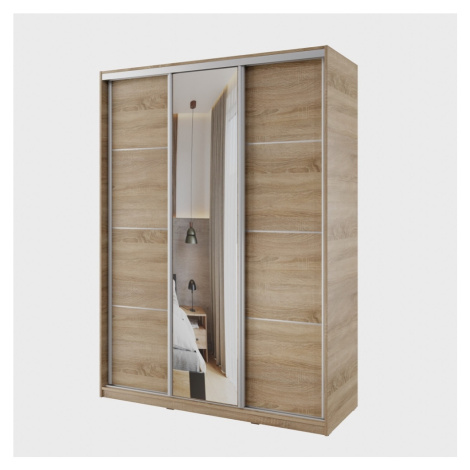 Šatní skříň NEJBY BARNABA 150 cm s posuvnými dveřmi, zrcadlem,4 šuplíky, 2 šatními tyčemi,dub so Lamivex