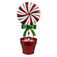 Kovová zeleno-červená vánoční dekorace lízátko Candy Cane v květináči – 12x9x26 cm