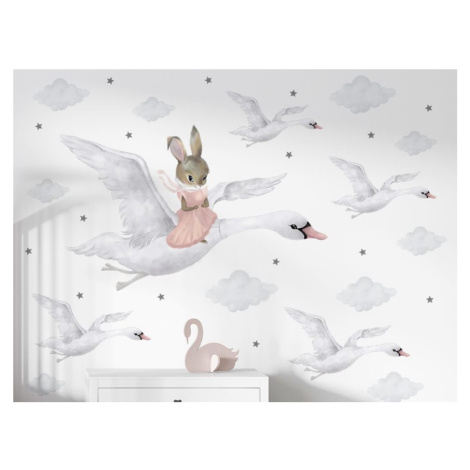 DEKORACJAN Nálepka na zeď - Králičí holčička na labuti