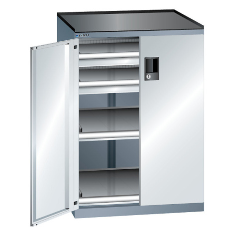 LISTA Zásuvková skříň s otočnými dveřmi, výška 1020 mm, 2 police, 2 zásuvky, nosnost 200 kg, šed