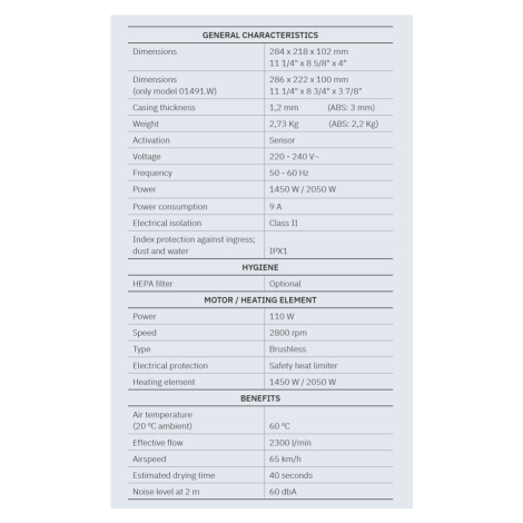 SAPHO BIGFLOW EVO bezdotykový elektrický osoušeč rukou 220-240V, 2050W, 218x284x102, nerez mat 0