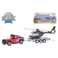 Kids Globe Traffic auto terénní 13 cm kov na zpětný chod s přívěsem + vrtulníkem 20 cm