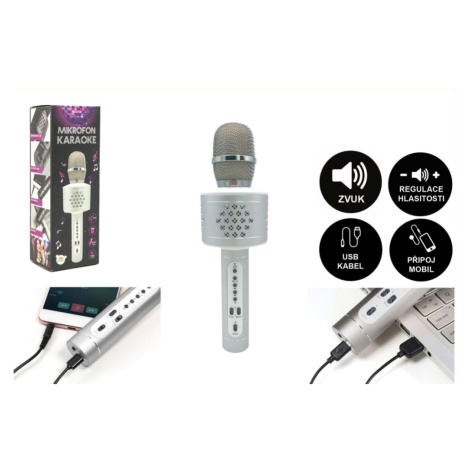 Mikrofon karaoke Bluetooth stříbrný na baterie s USB kabelem v krabici 10x28x8,5cm Teddies