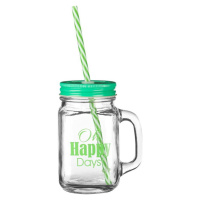 Sklenice se zeleným víčkem a brčkem Premier Housewares Happy Days, 450 ml