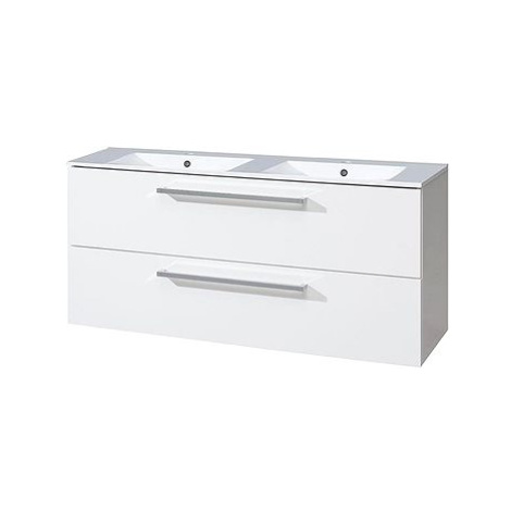 Bino koupelnová skříňka s keramickým dvoumyvadlem 120 cm, bílá/bílá, 2 zásuvky MEREO