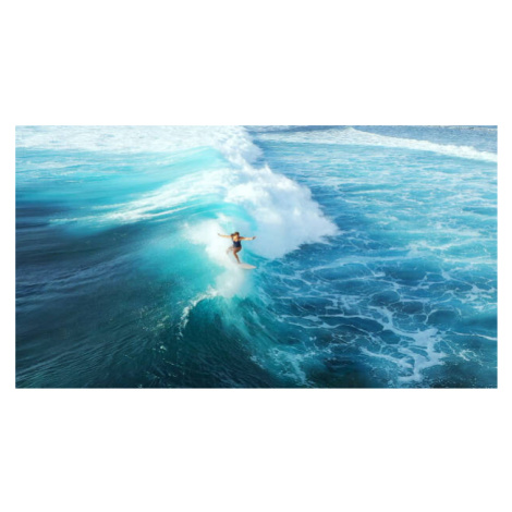 Umělecká fotografie Surfer woman riding on the blue ocean, graphixel, (40 x 22.5 cm)