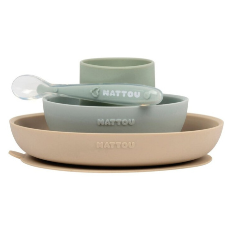 NATTOU - Set jídelní silikonový 4 ks pískovo-zelený bez BPA