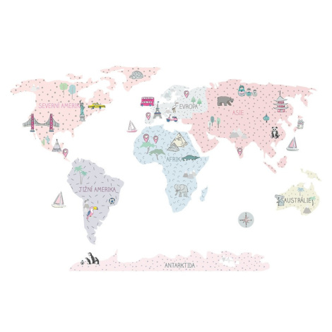 ELIS DESIGN KOPKO MAPA SVĚTA samolepka na zeď barva: růžová, Velikost: M (střední) Pastelowe Love