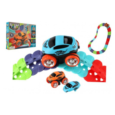 Autodráha barevná pružná 92 ks plast + auto na baterie se světlem v krabici 35x27x6cm Teddies