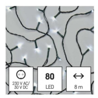 LED vánoční řetěz, 8 m, venkovní i vnitřní, studená bílá, časovač