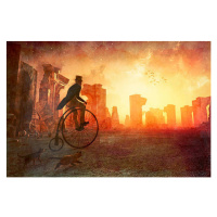 Ilustrace Man with retro bicycle riding past ancient ruins, gremlin, 40 × 26.7 cm