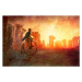 Ilustrace Man with retro bicycle riding past ancient ruins, gremlin, 40x26.7 cm
