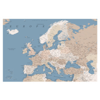 Mapa Detailed map of Europe in blue and taupe, Blursbyai, 40x26.7 cm