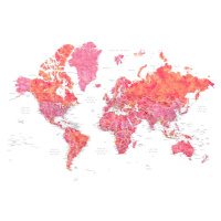 Mapa Hot pink and coral detailed world map with cities, Tatiana, Blursbyai, 40x26.7 cm