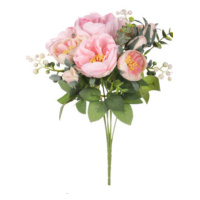 Umělá kytice Čajová růže v pugetu 34 cm, růžová