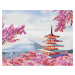 Malování podle čísel - JAPONSKO CHRÁM A RŮŽOVÉ KVĚTINY Rozměr: 40x50 cm, Rámování: vypnuté plátn