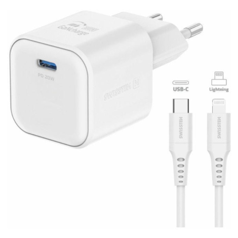 SWISSTEN SÍŤOVÝ ADAPTÉR GaN 1x USB-C 20W POWER DELIVERY BÍLÝ + DATOVÝ KABEL USB-C/LIGHTNING 1,2 