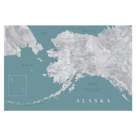 Mapa Detailed map of Alaska en teal and grey watercolor, Blursbyai, 40x26.7 cm