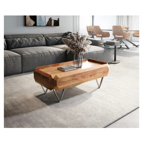 DELIFE Konferenční stolek Kiano 100x50 cm akácie přírodní 2 zásuvky podnož ve tvaru V nerezová o