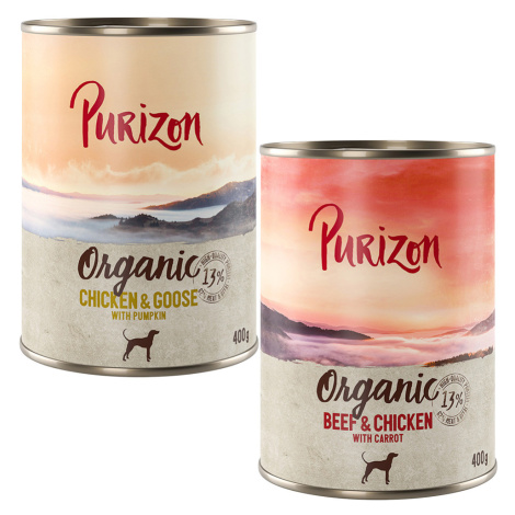 Purizon Organic výhodné balení 12 x 400 g - míchané balení: 6 x kuřecí s husou, 6 x hovězí s kuř