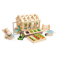 Dřevěný skleník Greenhouse and Garden Set Tender Leaf Toys s otevírací střechou a 9 druhů zeleni