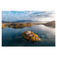 Fotografie Aerial view of lake Bled church, Slovenia, Marco Bottigelli, 40 × 26.7 cm