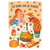 Ilustrace Happy Thanksgiving illustration. Cute lady with fox at festive table. Vector design fo