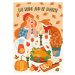 Ilustrace Happy Thanksgiving illustration. Cute lady with fox at festive table. Vector design fo