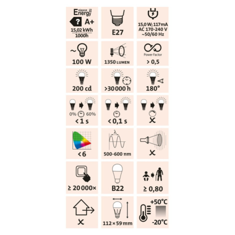 žárovka LED klasická, 1350lm, 15W, E27, teplá bílá Extol Light