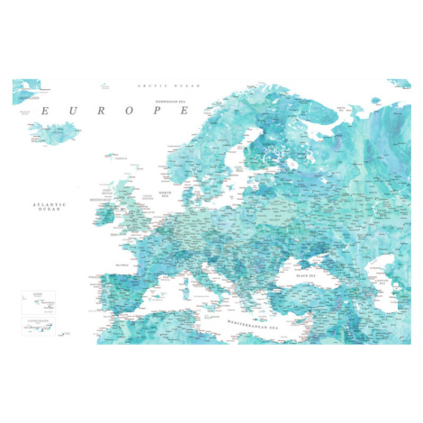 Mapa Detailed map of Europe in aquamarine watercolor, Blursbyai, 40 × 26.7 cm