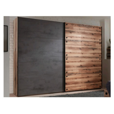 Šatní skříň s posuvnými dveřmi Dover, 270 cm, srubová prkna/tmavý beton Asko