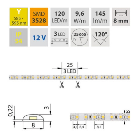 LED pásek McLED žlutá 9,6W/m 12V š=8mm IP20 ML-121.233.10.0  (5m)