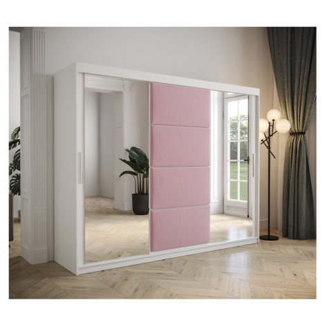 Šatní skřín Tempica 250cm se zrcadlem, bílá/růžový panel