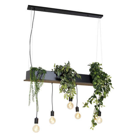 Rustikální závěsné svítidlo černé se dřevem 5-světlo - Flair QAZQA