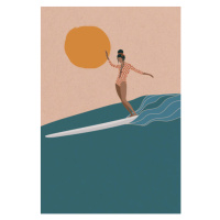 Ilustrace Female Longboard Surfer riding the wave,, LucidSurf, 26.7 × 40 cm