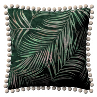 Dekoria Věra - potah na polštář ozdobné bambulky po obvodu, stylizované palmové listy na zeleném