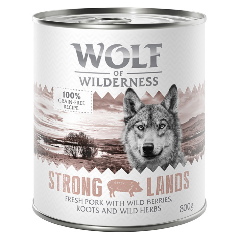 Výhodné balení: Wolf of Wilderness Adult 12 x 800 g - NOVÉ: Strong Lands - vepřové