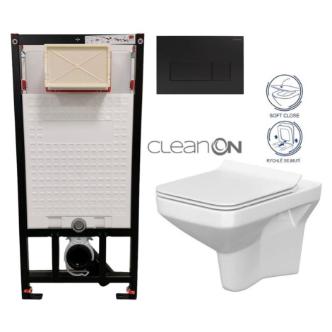 DEANTE Podomítkový rám, pro závěsné WC mísy + SLIM tlačítko černé + WC CERSANIT CLEANON COMO + S