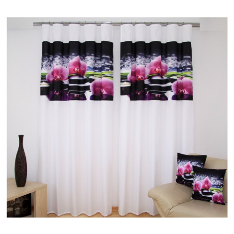 Bílá luxusní záclona s černým motivem růžových orchidejí