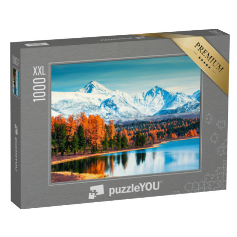 puzzle 1000 dílků XXL „Hory a podzimní les u jezera Kidelu v pohoří Alta, Sibiř“