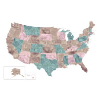 Mapa Muted watercolor map of the US with state capitals, Blursbyai, 40 × 26.7 cm