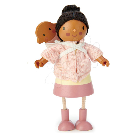 Dřevěná postavička s miminkem Mrs. Forrester Tender Leaf Toys v růžovém kabátku