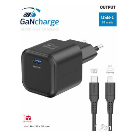 SWISSTEN SÍŤOVÝ ADAPTÉR GaN 1x USB-C 35W POWER DELIVERY ČERNÝ + DATOVÝ KABEL USB-C/LIGHTNING 1,2