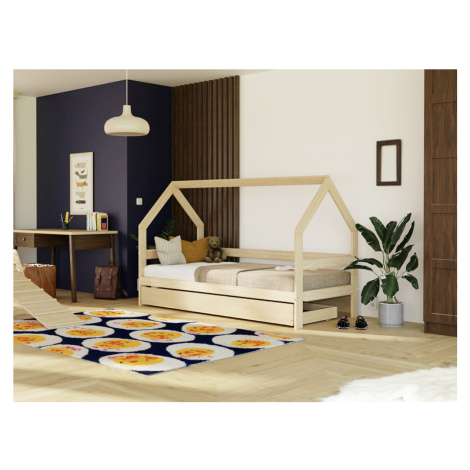Benlemi Dětská dřevěná postel domeček SAFE 3v1 se zábranou a úložným šuplíkem Zvolte barvu: Béžo