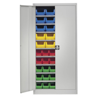 mauser Skladová skříň, jednobarevná, s 50 přepravkami s viditelným obsahem, 9 polic, šedá, od 3 