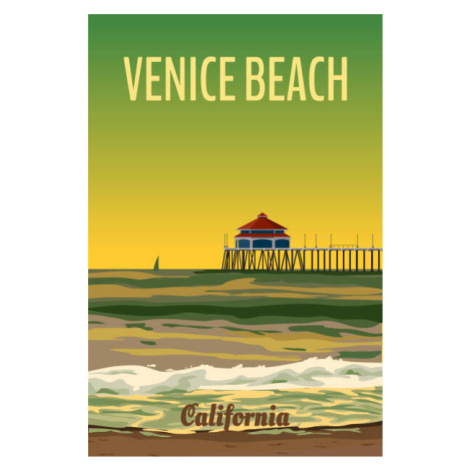 Ilustrace Retro California Venice Beach travel poster sunset, VectorUp, 26.7x40 cm